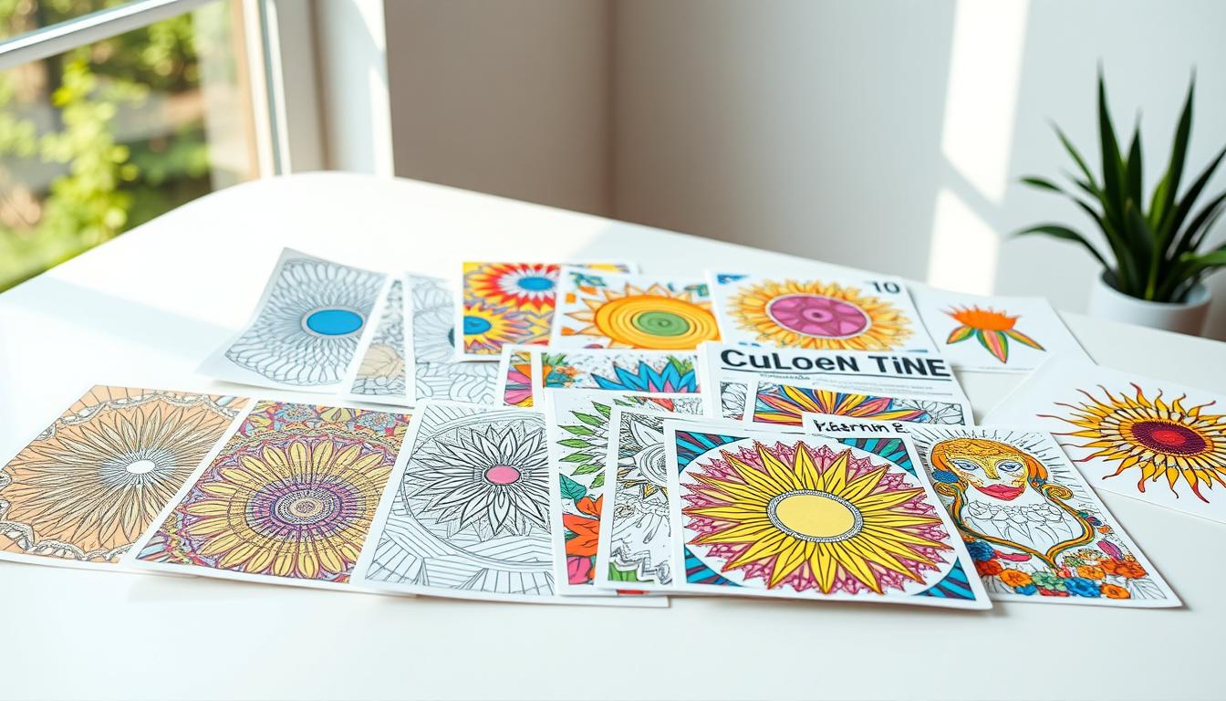 A vibrant collection of modern coloring sheets adorns a minimalist white table, capturing the essence of creative self-expression for today's teens. Intricate patterns and bold geometric designs in a rich color palette leap off the pages, inviting young artists to unleash their imagination. Soft natural lighting filters through a nearby window, casting a warm glow and highlighting the textured paper surfaces. The composition emphasizes the thematic diversity of the collection, showcasing a range of styles from abstract to nature-inspired motifs. An air of youthful energy and artistic freedom permeates the scene, inspiring a sense of boundless creativity.