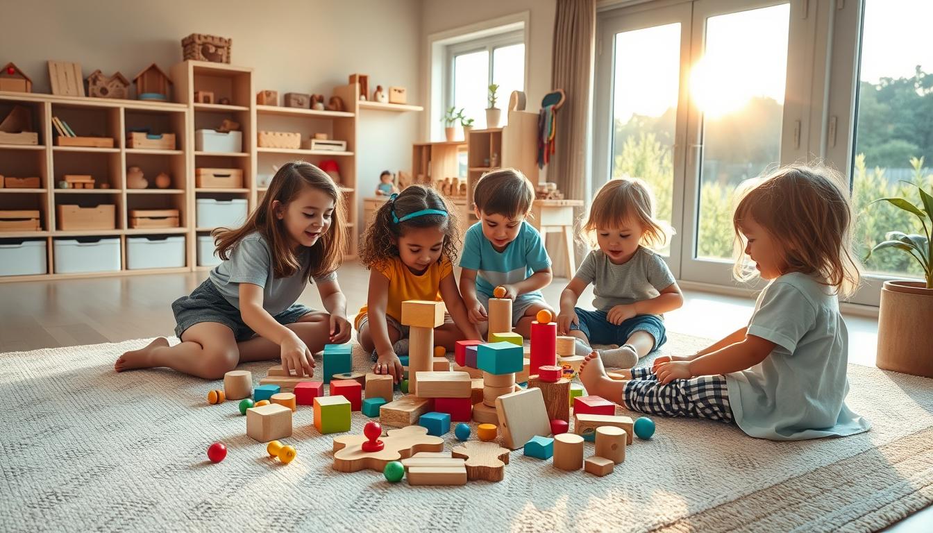 A bright, whimsical scene of children joyfully engaged in Montessori-inspired play. In the foreground, a group of young students work together to build colorful wooden shapes and manipulate tactile puzzles on a soft, textured rug. The middle ground reveals a Montessori-style learning environment, with shelves of carefully curated toys and educational materials. Warm, natural lighting filters in through large windows, casting a soft glow over the space. The background depicts a tranquil outdoor setting, with lush greenery and a serene, sunlit sky. The overall atmosphere is one of discovery, collaboration, and the pure delight of learning through hands-on exploration.
