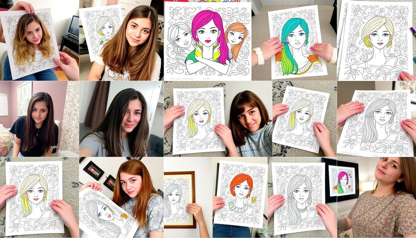 Collage of teen coloring page creations shared on social media