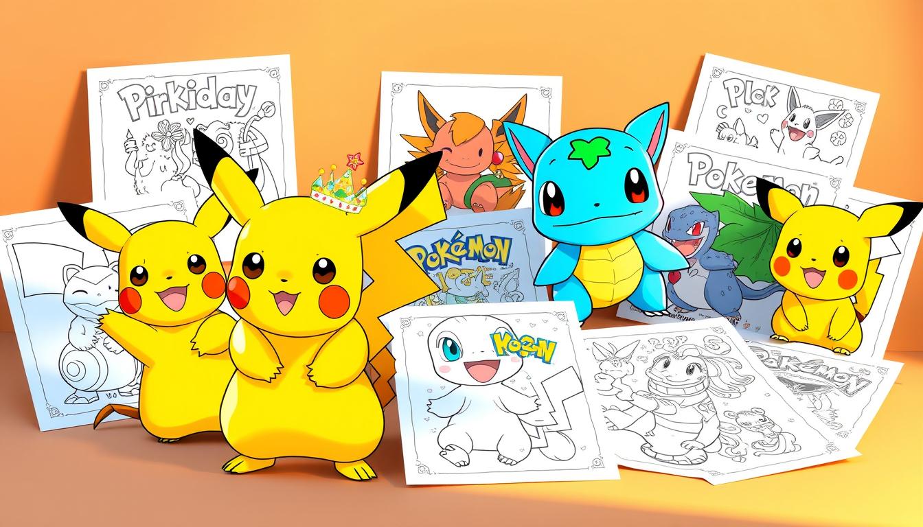 A collection of vibrant, themed Pokémon coloring sheets arranged in a visually striking composition. The foreground features Pikachu, Charmander, and Bulbasaur characters in detailed, hyper-realistic renderings, each sheet highlighting a different special occasion such as birthdays, holidays, or Pokémon-themed events. The middle ground showcases an assortment of additional Pokémon-inspired coloring pages, including fan-favorite starters, Legendary creatures, and iconic Trainers. The background depicts a soft, muted gradient, allowing the colorful sheets to take center stage. Warm, directional lighting casts gentle shadows, enhancing the depth and dimensionality of the composition. The overall mood is vibrant, whimsical, and inviting, perfectly capturing the spirit of Pokémon and the joy of coloring.