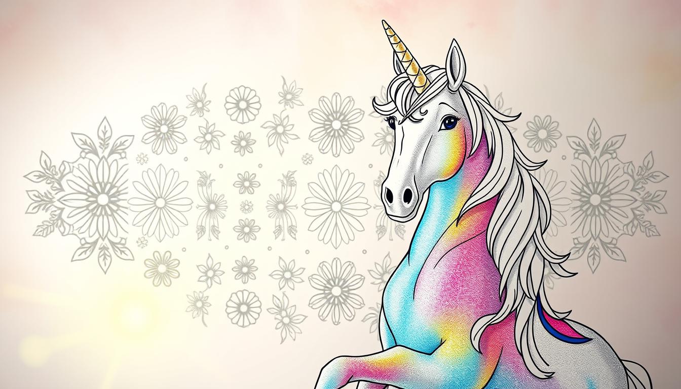 A vibrant and whimsical unicorn coloring page, with a majestic unicorn in the foreground against a dreamy, pastel-hued background. The unicorn's coat is a shimmering, multicolored palette, inviting the viewer to unleash their creativity in coloring it. In the middle ground, an assortment of intricate floral and geometric patterns frame the unicorn, sparking inspiration for unique and personalized designs. The lighting is soft and diffused, creating a serene and magical atmosphere, perfect for showcasing the versatility and endless possibilities of the completed unicorn coloring page.