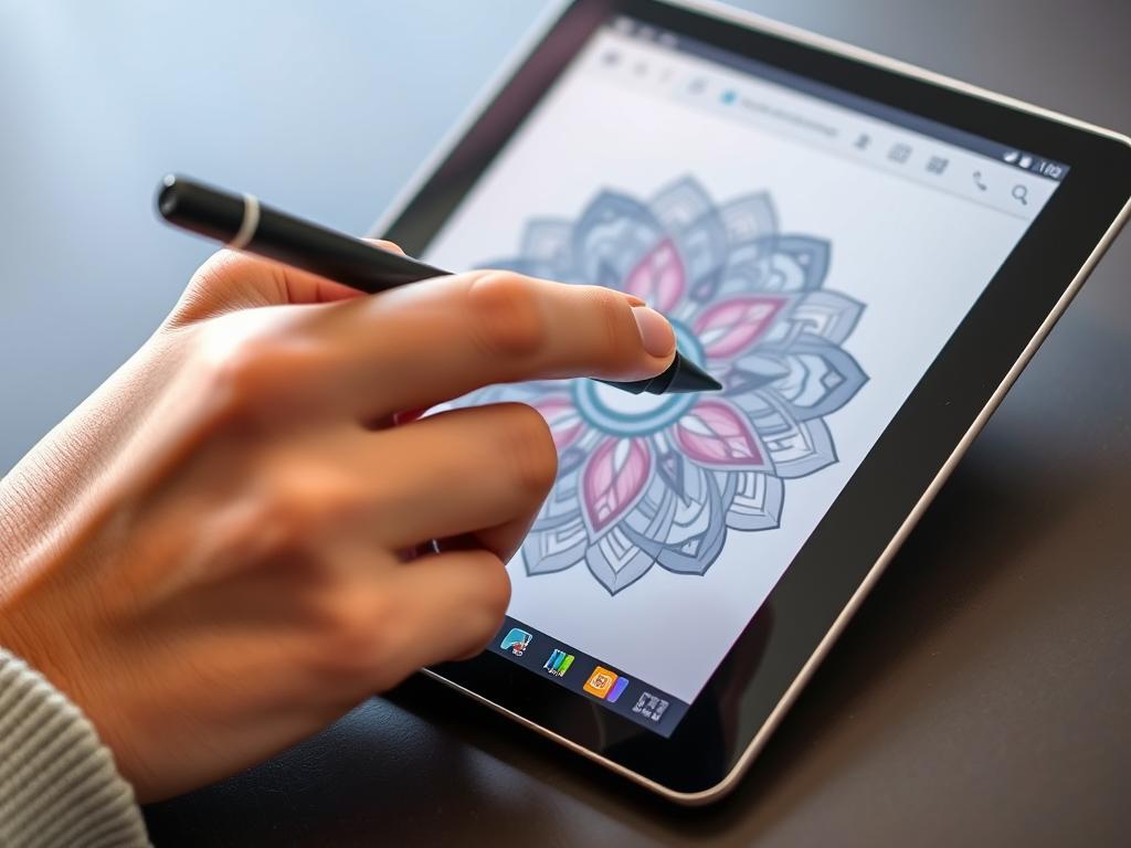 Teen using digital coloring app on tablet with stylus