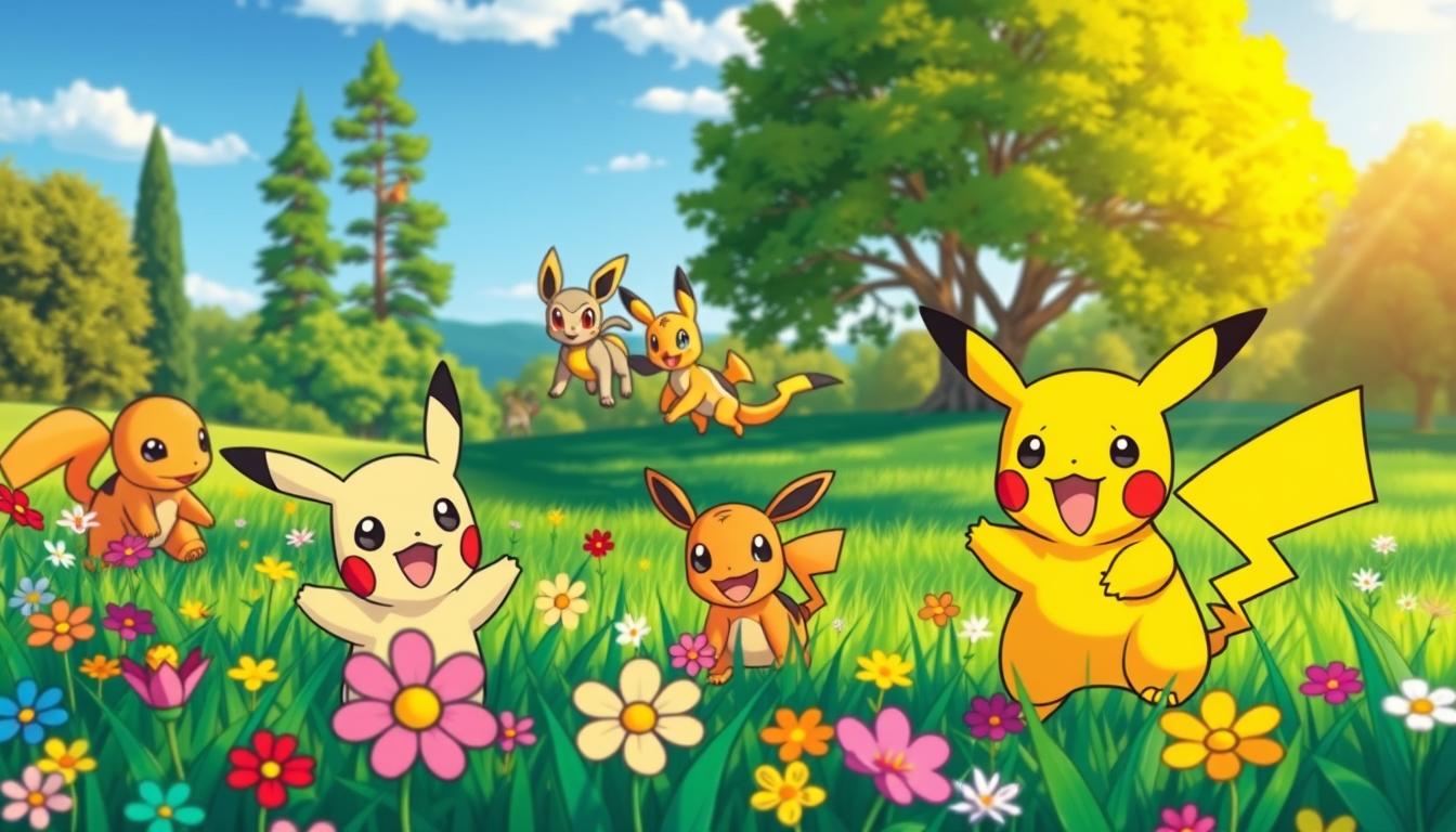 A whimsical collection of Pokemon characters in a vibrant, playful setting, perfect for young trainers to color and explore. In the foreground, Pikachu, Bulbasaur, and Charmander frolic amidst a field of colorful flowers, their expressions filled with joy. In the middle ground, Squirtle and Eevee play a game of tag, their movements captured in a dynamic, hyper-realistic style. The background showcases a lush, verdant landscape, with towering trees and a clear, blue sky overhead, bathed in warm, golden lighting that enhances the sense of wonder and adventure. The overall atmosphere is one of boundless imagination and childlike delight, inviting young fans to unleash their creativity and bring these beloved characters to life.