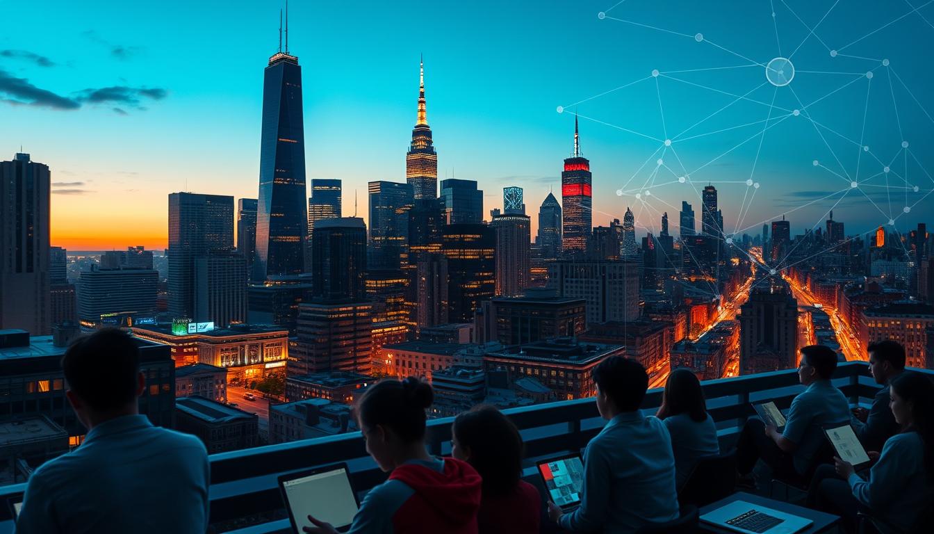 A dynamic cityscape at dusk, with towering skyscrapers and bustling streets. In the foreground, a group of students using laptops and tablets, immersed in online learning. The middle ground features a mix of traditional classrooms and modern digital interfaces, blending the physical and virtual realms. In the background, a vast network of data streams and connectivity, symbolizing the ubiquity of digital literacy. Soft, warm lighting illuminates the scene, creating a sense of balance between the digital and the analog. The composition emphasizes the integration of online courses into a balanced educational approach, reflecting the impact of technology on conventional curriculum.