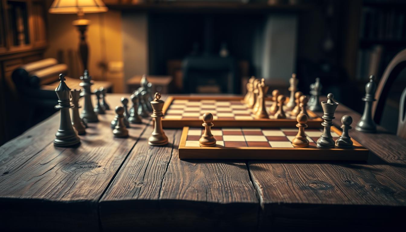 A classic wooden table, its surface worn and textured, serves as the stage for a strategic display. In the foreground, a collection of timeless board games - chess, checkers, and Go - stand as icons of critical thinking, their pieces casting intricate shadows. The middle ground reveals a carefully curated array of game boards, each beckoning the player to delve into its nuanced challenges. The background is softly lit, suggesting a cozy, contemplative atmosphere, where the glow of a fireplace or a library lamp illuminates the scene. The overall composition evokes a sense of intellectual stimulation, inviting the viewer to engage in the timeless pursuit of strategic mastery.
