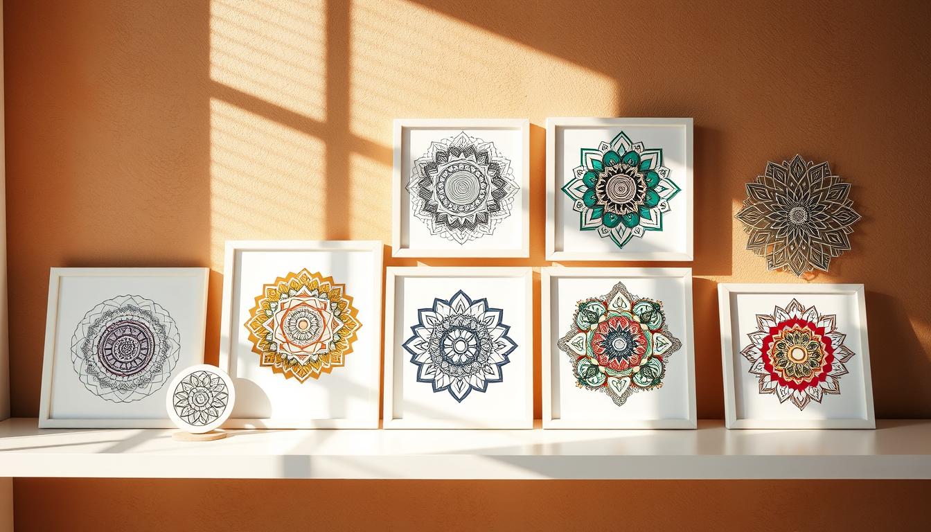 A beautifully curated display of intricate mandalas, showcased on a minimalist white shelf against a warm, earthy backdrop. The mandalas, ranging from abstract geometric patterns to vibrant floral designs, are meticulously framed and arranged in a visually harmonious composition. Soft, natural lighting filters through a nearby window, casting gentle shadows and highlighting the depth and texture of the artworks. The overall scene evokes a sense of tranquility and mindfulness, inviting the viewer to pause and appreciate the meditative qualities of these captivating mandala creations.