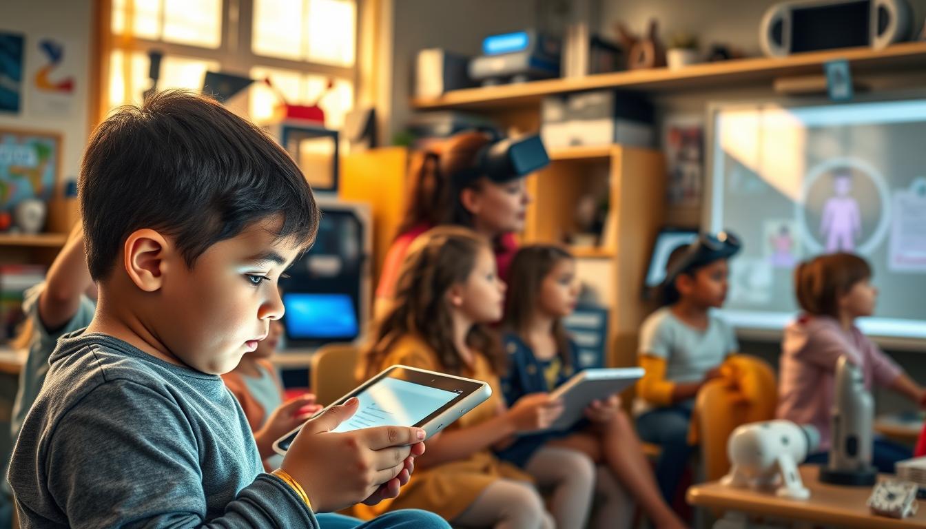 A classroom filled with diverse learners, each with unique educational technology needs. In the foreground, a young student gazes intently at a tablet, their face illuminated by its soft glow. In the middle ground, a teacher guides a group of children through an interactive whiteboard presentation, their expressions engaged and curious. The background showcases a variety of learning tools, from 3D printers to virtual reality headsets, creating an immersive and technology-driven educational environment. Warm, natural lighting filters through the windows, casting a soothing ambiance over the scene. The overall mood is one of collaborative learning, personalized instruction, and the integration of cutting-edge technology to support the diverse needs of each student.