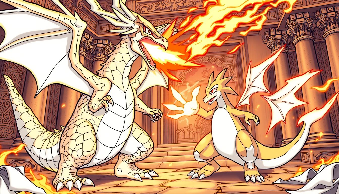 Detailed, hyper-realistic illustration of a legendary Pokémon coloring page. The foreground features a majestic Charizard unleashing a powerful fire breath, its scales and wings rendered with meticulous detail. In the middle ground, a Lucario is striking a dynamic martial arts pose, glowing aura emanating from its paws. The background depicts a mystical, ancient temple setting with intricate carvings and columns, bathed in a warm, dramatic lighting that casts dramatic shadows. The overall composition conveys a sense of epic fantasy and dynamic action, perfect for an illustration accompanying a Pokémon battle scenes article.