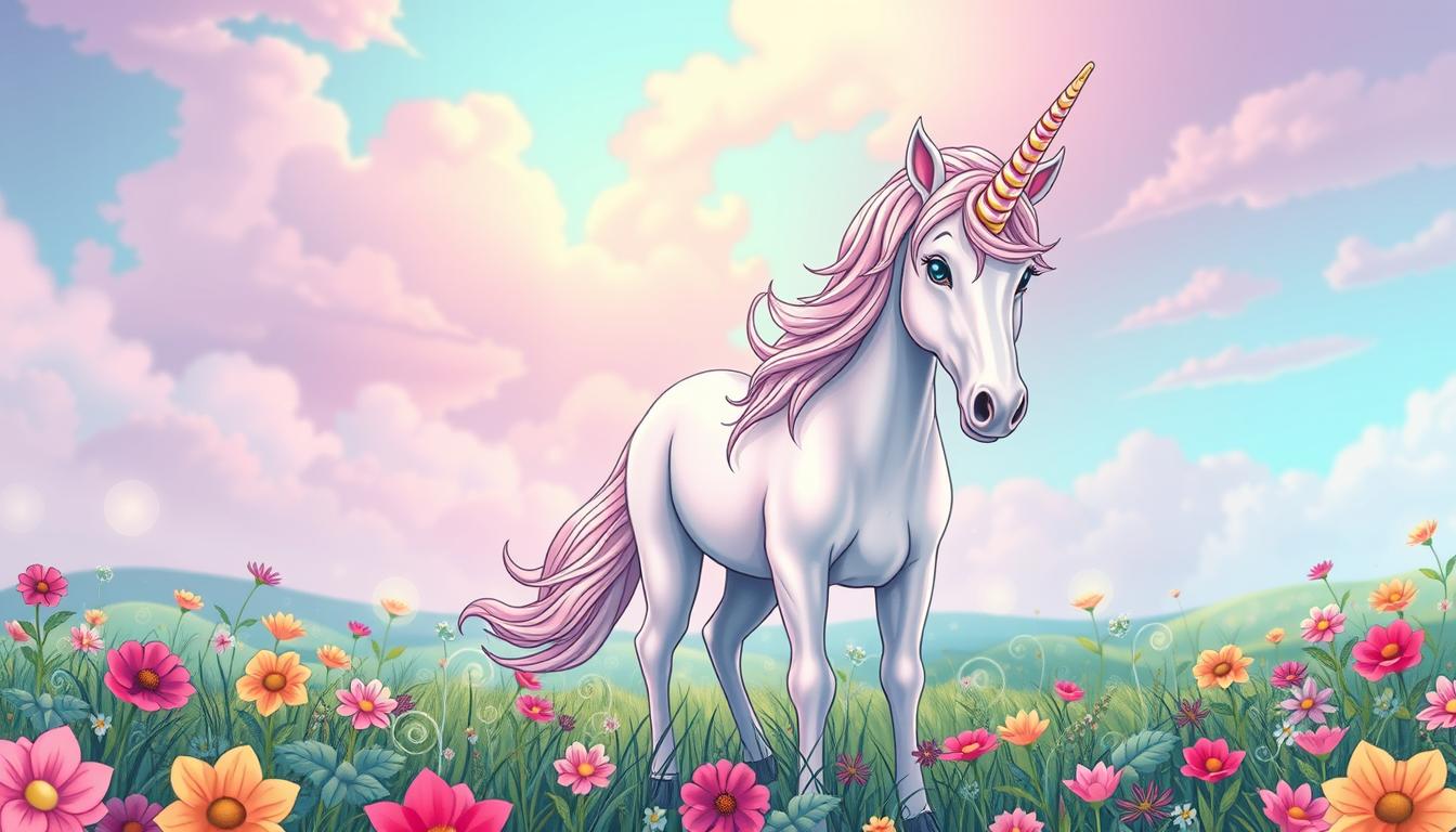A whimsical, hyper-realistic unicorn coloring page, inspired by the artistic mastery of renowned illustrators. In the foreground, a majestic unicorn stands amidst a vibrant, dreamlike meadow, its horn shimmering with an iridescent glow. The creature's features are meticulously detailed, from its delicate features to its flowing mane and tail. The middle ground showcases a lush, fantastical landscape, with vibrant flowers, swirling patterns, and a soft, diffused light filtering through. In the background, a peaceful, ethereal sky sets the stage, creating a sense of wonder and enchantment. The overall composition and attention to detail evoke the captivating illustrations found in classic children's books, inviting the viewer to embark on a whimsical storytelling adventure.