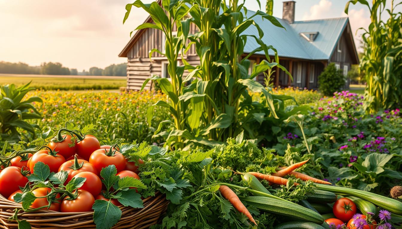 A lush, verdant garden bursting with a vibrant array of organic, sustainably grown produce. In the foreground, a basket overflows with ripe, juicy tomatoes, leafy greens, and crisp carrots, illuminated by the warm glow of natural lighting. Towering stalks of corn and flourishing vines of cucumbers and zucchini occupy the middle ground, creating a sense of abundance and vitality. In the background, a quaint farmhouse stands as a testament to the harmony between human endeavors and the natural world, its weathered wooden facade complemented by a sprawling field of wildflowers. The scene conveys a sense of tranquility and environmental stewardship, inviting the viewer to embrace a more sustainable and nourishing approach to food.