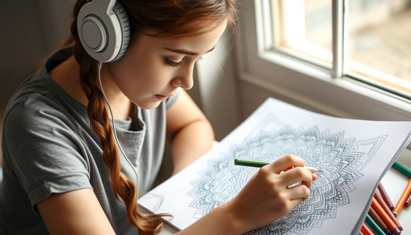 Teen girl coloring intricate mandala coloring page for stress relief