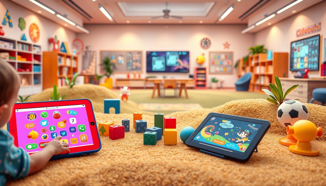 A vibrant, digital-inspired landscape showcasing innovative early childhood learning tools. In the foreground, engaging educational apps and interactive tablets captivate young learners, their bright interfaces and playful animations drawing the eye. The middle ground features a seamless blend of physical and virtual manipulatives - colorful coding blocks, AR-enhanced storybooks, and immersive VR experiences that foster active, hands-on discovery. The background depicts a futuristic, tech-enabled classroom, filled with cutting-edge smart boards, AI-powered educational assistants, and a sense of boundless creativity and curiosity. Warm, ambient lighting bathes the scene, creating a welcoming, stimulating atmosphere that celebrates the power of digital resources to enhance and enrich the early learning journey.