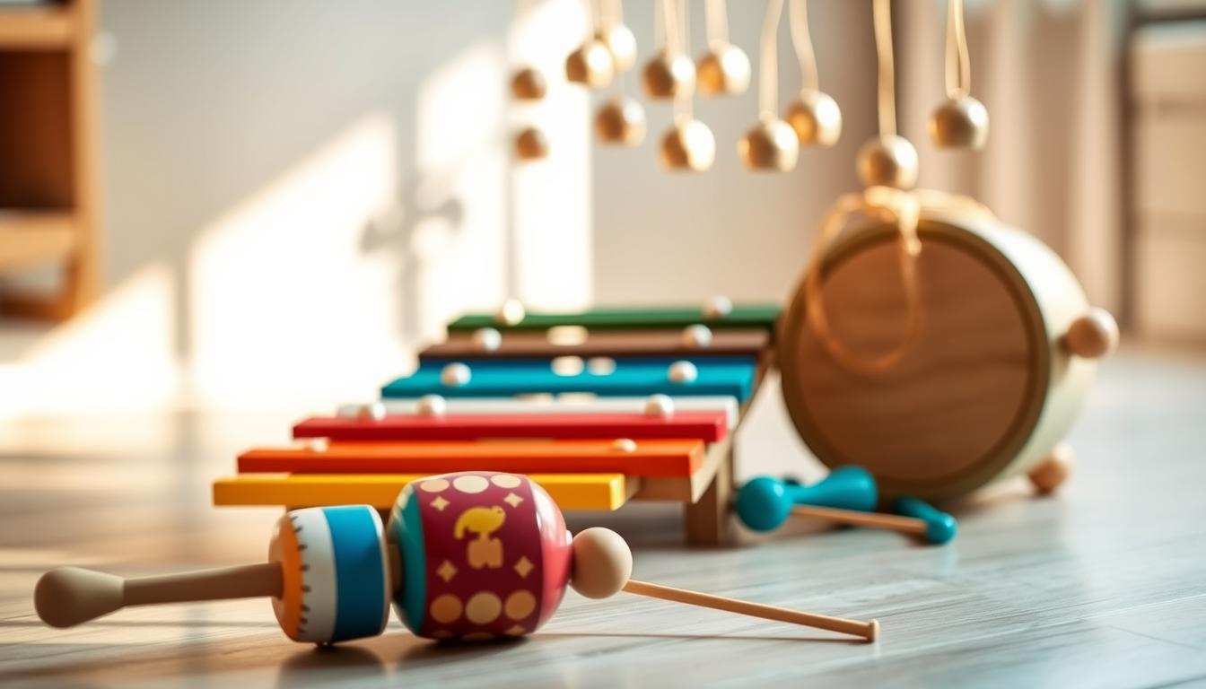 A playful arrangement of Montessori-inspired musical sensory toys, bathed in warm, natural lighting. In the foreground, a set of hand-crafted wooden chimes and a shaker with vibrant patterns. The middle ground features a child-friendly xylophone and a musical drum with muted pastel tones. In the background, a mobile of cascading bells hangs, creating a sense of movement and inviting tactile exploration. The overall scene exudes a soothing, harmonious atmosphere, perfect for nurturing a toddler's musical development.