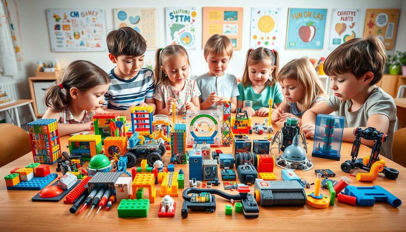 A vibrant tabletop scene showcasing an array of engaging STEM toys for 6 year olds. In the foreground, a diverse set of building blocks, circuits, robotics kits, and science experiment tools are artfully arranged on a warm wooden surface, bathed in soft, directional lighting. The middle ground features several 6 year old children actively engaged with the toys, their faces alight with curiosity and wonder. In the background, a cheerful, pastel-hued room decor sets the mood, with educational posters and whimsical decor elements that inspire the young mind. The overall composition conveys a sense of discovery, hands-on learning, and the boundless potential of STEM education at this crucial developmental stage.