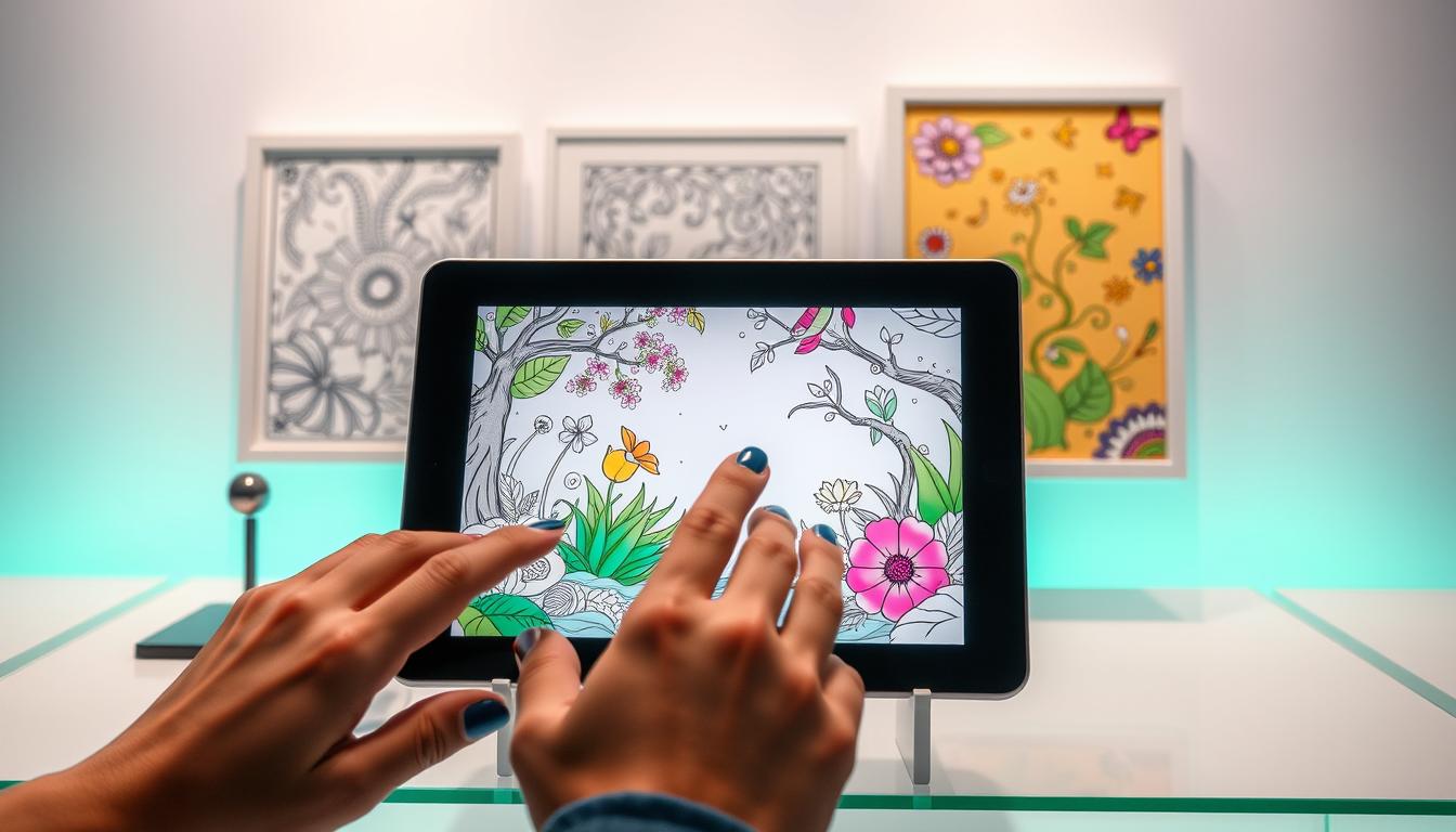 A vibrant, hyper-realistic digital art display showcasing a collection of interactive coloring pages. In the foreground, a tablet or digital canvas displays a beautifully rendered image of a whimsical, nature-inspired scene, with users' fingers interacting with the digital medium, blending colors and bringing the image to life. The middle ground features a stylized, minimalist display stand or frame, lending an air of curation and artistry to the digital showcase. The background is a softly blurred, ethereal backdrop, allowing the interactive coloring page to take center stage, capturing the viewer's attention and imagination.