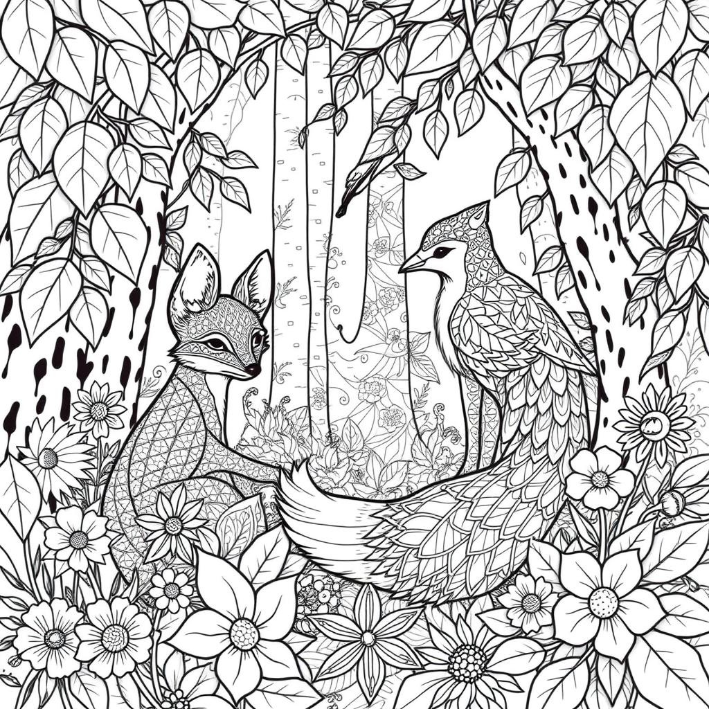 Detailed nature scene coloring page for teens featuring animals and plants