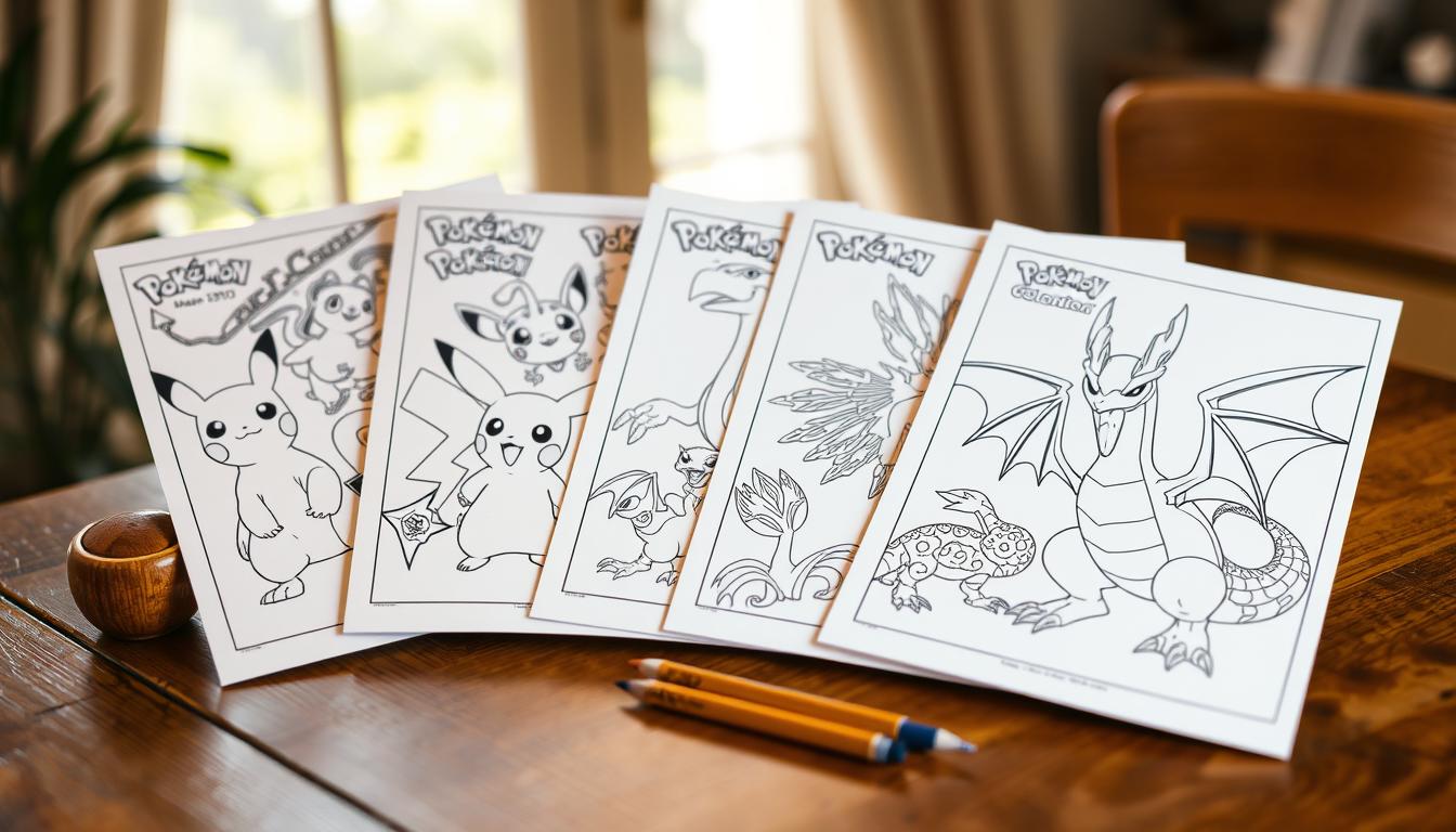 A collection of Pokémon coloring pages showcasing the original 151 creatures from the Kanto region. The pages are displayed on a wooden table, with a soft, natural lighting illuminating the vibrant colors and detailed line art. The pages feature a diverse array of Pokémon, from the iconic Pikachu to the majestic Charizard, each with intricate patterns and designs waiting to be filled in. The background is blurred, creating a cozy, intimate atmosphere, allowing the Pokémon coloring pages to take center stage as the focal point of the image.