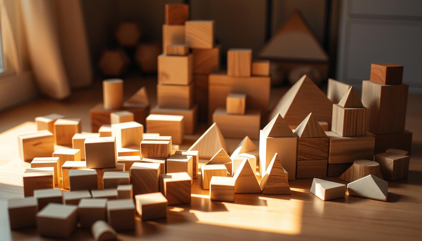A neatly arranged assortment of wooden building blocks in various geometric shapes and natural hues, illuminated by warm, soft lighting. The blocks are positioned on a smooth, wooden surface, casting gentle shadows that add depth and texture to the scene. The foreground features a mix of cubes, cylinders, and triangular prisms, inviting the viewer to imagine the endless possibilities of constructing intricate structures. In the middle ground, larger blocks create a sense of scale, while the background subtly suggests a cozy, rustic environment, hinting at the creative potential of these classic DIY construction toys.