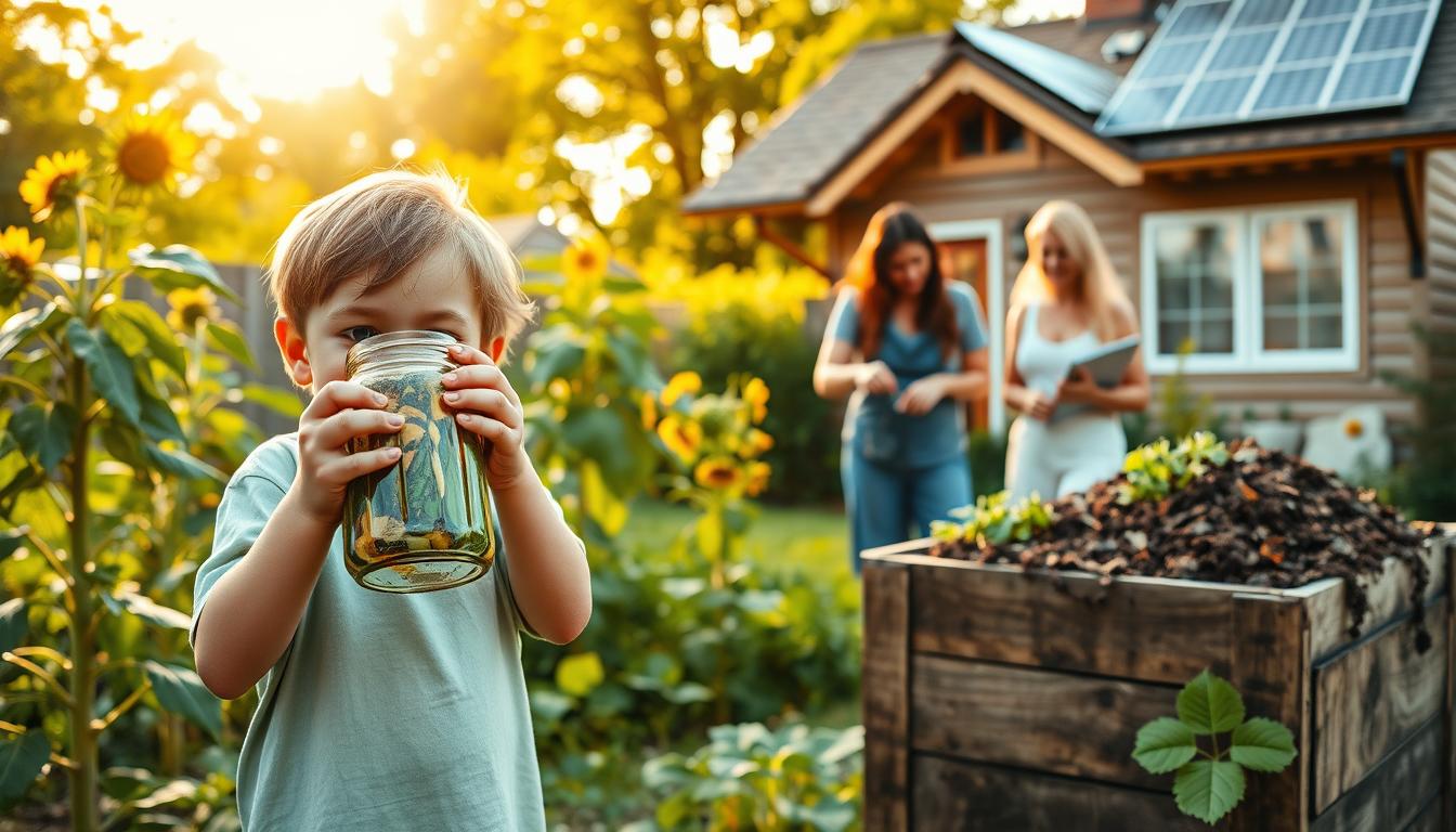 A serene outdoor scene of a family engaged in sustainable activities. In the foreground, a young child proudly displays a handmade jar filled with fresh, organically grown produce. Surrounding them, a lush, verdant garden with towering sunflowers and thriving vegetable plants. In the middle ground, the parents demonstrate composting techniques, with a rustic wooden bin overflowing with nutrient-rich soil. The background features a cozy, energy-efficient home with solar panels adorning the roof, bathed in warm, golden sunlight. The overall atmosphere conveys a sense of harmony, environmental awareness, and the joys of eco-friendly living.