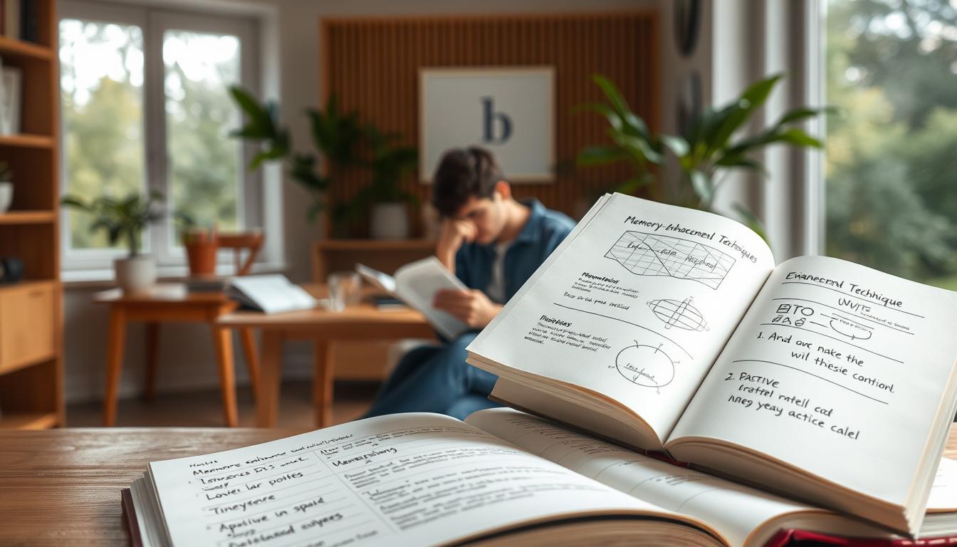 A serene, softly-lit study space with minimalist wooden furniture and potted plants, creating a calm, focused atmosphere. In the foreground, an open book with handwritten notes and diagrams illustrating various memory enhancement techniques such as mnemonics, spatial association, and active recall. The middle ground features a person intently reading, lost in concentration. The background showcases a large window overlooking a peaceful garden, with natural light filtering in. The overall composition evokes a sense of tranquility and intellectual engagement, inspiring the viewer to explore effective study methods.