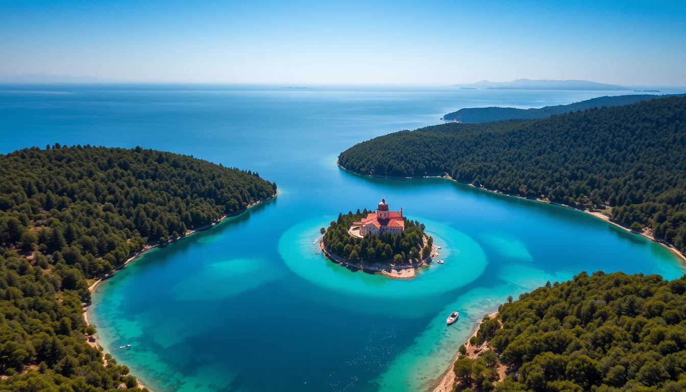 Aerial view of Mljet National Park with its saltwater lakes and island monastery
