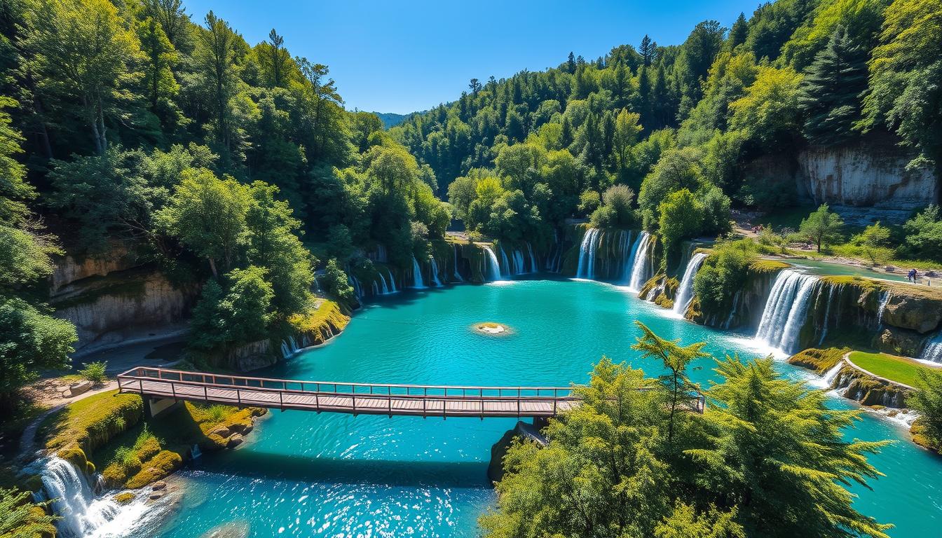 Stunning turquoise lakes and waterfalls at Plitvice Lakes National Park in Croatia