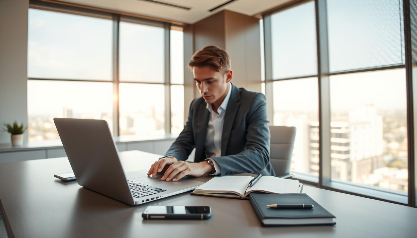 A well-lit, modern office space with sleek, minimalist furniture. On the desk, an open laptop, a smartphone, and a planner or notebook, all in muted tones. In the background, a large window overlooking a cityscape, casting a warm glow onto the scene. A person, dressed in business attire, is seated at the desk, deep in concentration, their hands poised over the keyboard. The atmosphere conveys a sense of focused productivity and efficient time management.