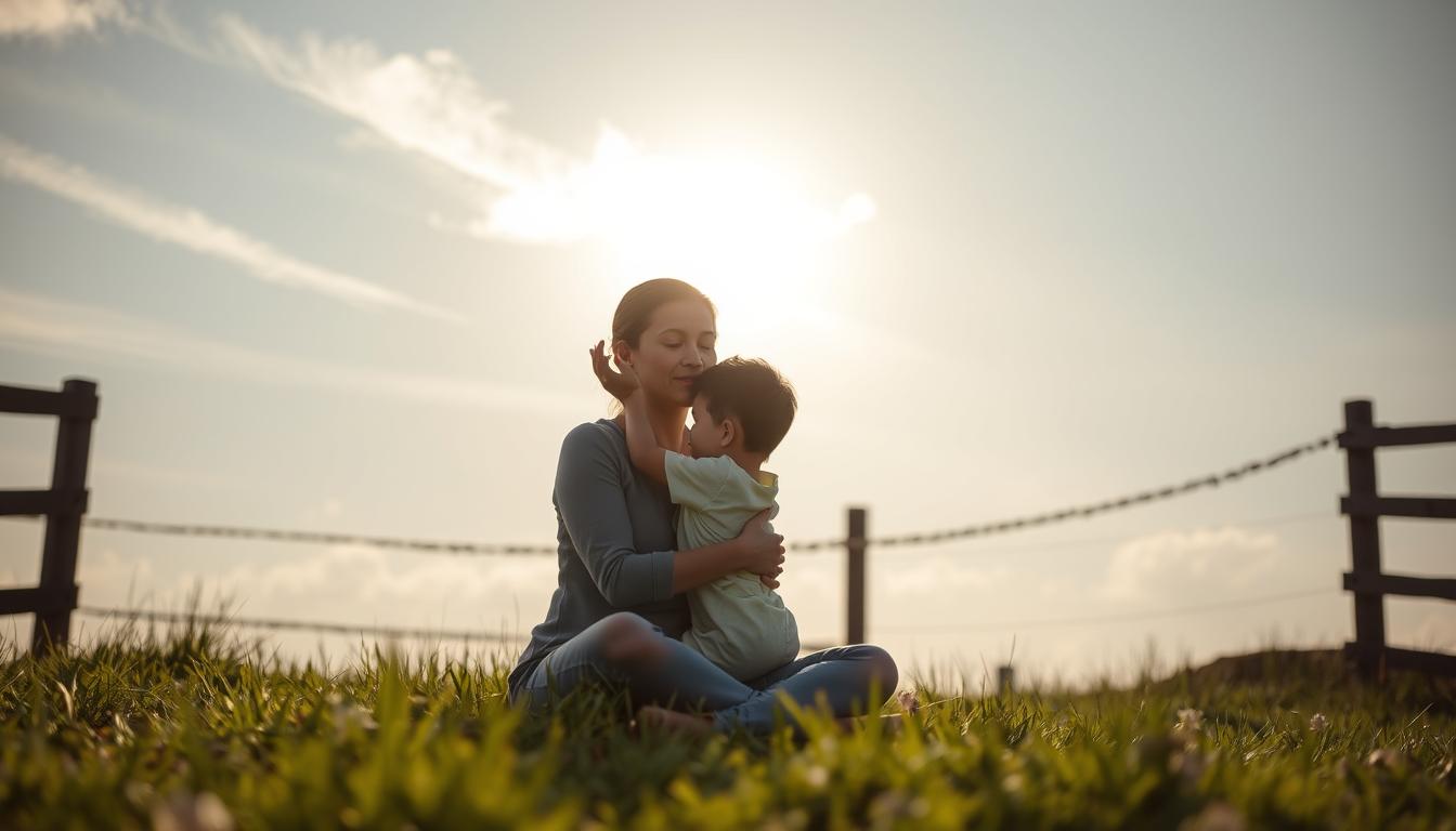 Emotional Recognition and Healing: A serene, sun-dappled meadow where a woman sits cross-legged, eyes closed, palms upturned. Soft light caresses her face, reflecting her tranquil, introspective state. Wispy clouds drift overhead, a gentle breeze rustles the grass. In the middle ground, a child embraces the woman, their silhouettes intertwined, a profound moment of understanding and connection. In the background, a wooden fence frames the scene, symbolic of the boundaries healed. Attraction CODEX.
