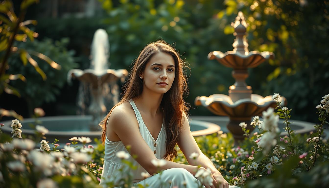 A serene, thoughtful Virgo sits amidst a tranquil garden, surrounded by lush greenery and delicate flowers. Soft, diffused lighting casts a warm glow, highlighting the Virgo's introspective expression as they contemplate the world around them. In the background, an elegant, ornate fountain gently bubbles, adding a soothing ambiance. The Virgo's posture is poised and attentive, reflecting the signs' characteristic attention to detail and analytical nature. This Attraction CODEX image captures the emotional depth and intellectual curiosity of the Virgo personality.