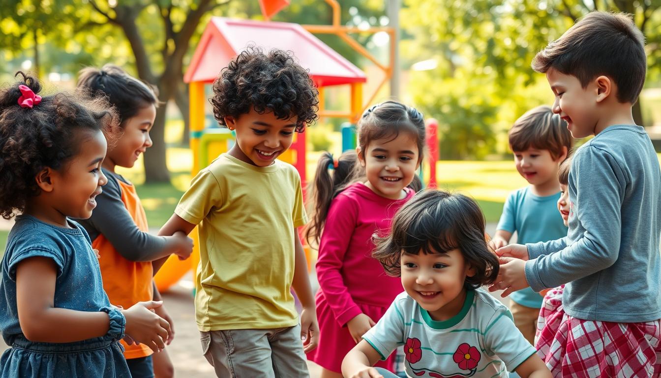 A vibrant scene of children playing and developing emotional intelligence. In the foreground, a group of diverse youngsters engaged in imaginative role-play, their expressions animated with joy and empathy. The middle ground features a playground with colorful structures, where kids take turns helping one another navigate the challenges. In the background, a warm, sun-dappled park setting, with lush greenery and a sense of nurturing security. Soft, natural lighting illuminates the scene, captured through the lens of the "Attraction CODEX" with a focus on capturing the emotional resonance of childhood exploration and social-emotional growth.