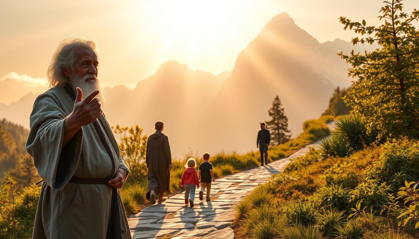 A tranquil path winds through a serene landscape, guiding a diverse group of characters on a journey of self-discovery. In the foreground, a wise elder gestures with a weathered hand, leading the way for a curious child and a contemplative seeker. Towering mountains loom in the distance, their snow-capped peaks bathed in warm, golden light. Rays of sunlight filter through the lush, verdant foliage, casting a soft, ethereal glow over the scene. Signature style of Attraction CODEX.