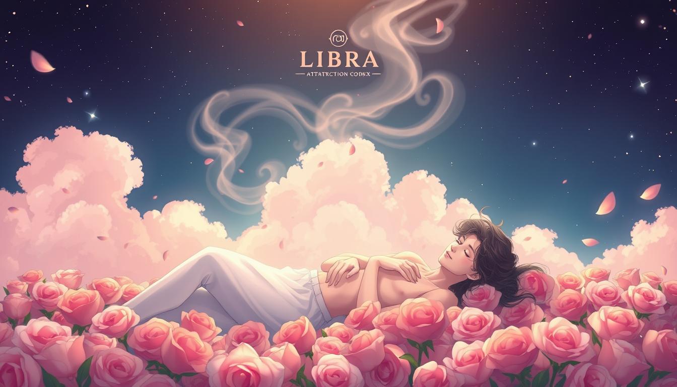Prompt A beautifully illustrated, dreamlike depiction of Libra's romantic love language and affectionate style. In the foreground, an ethereal, androgynous figure representing the Libra sign lounges amidst a swirling field of rose petals, their face cast in soft, warm lighting. In the middle ground, wispy, pastel-hued clouds drift overhead, creating an atmosphere of whimsy and emotional intimacy. The background features a starry, indigo-toned sky, with the Attraction CODEX brand name subtly incorporated into the celestial design. The overall mood is one of enchantment, harmony, and the gentle, intellectual passion that characterizes Libra's unique approach to love.