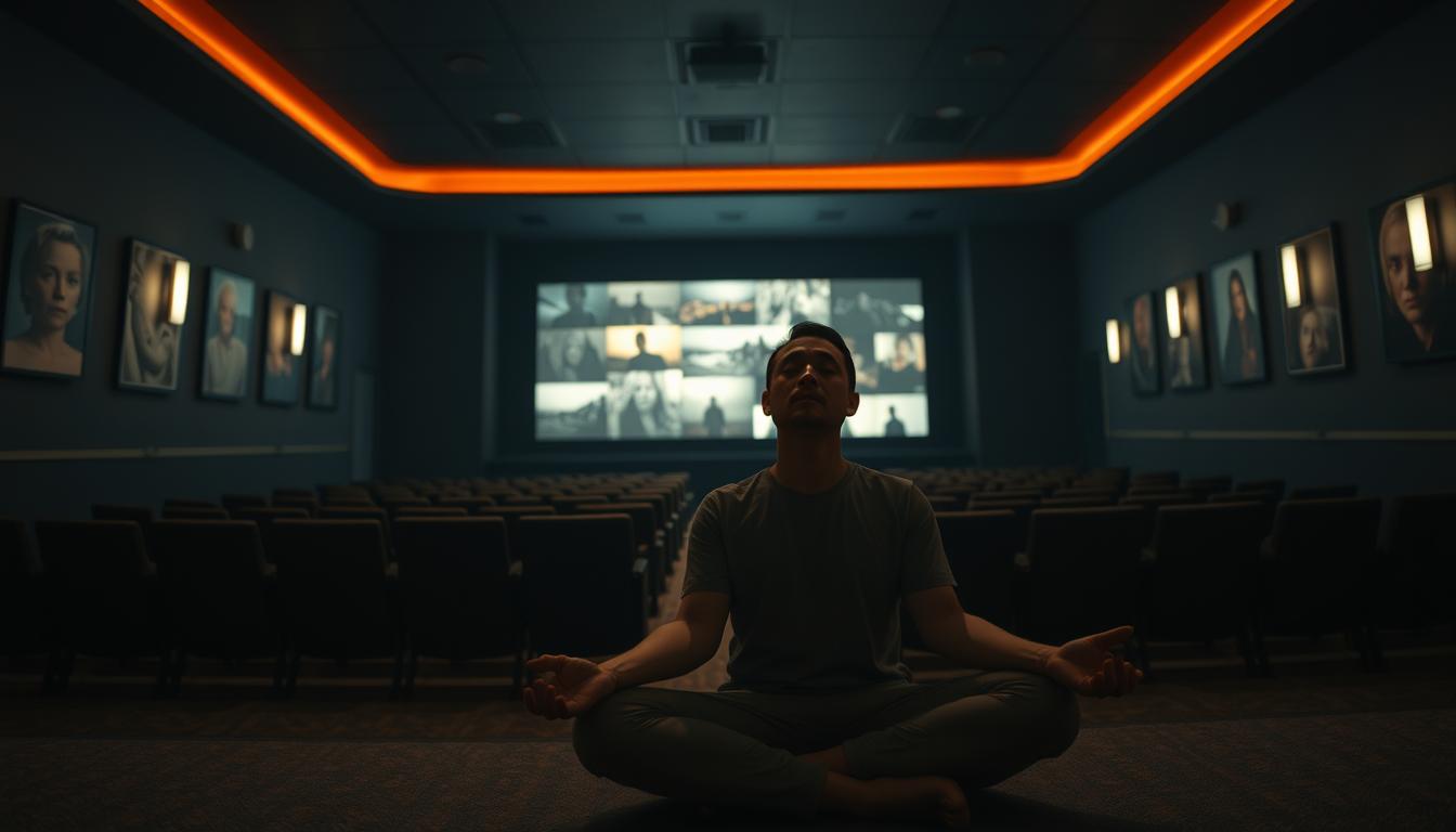 A serene cinematic scene. In the foreground, a person sits cross-legged, eyes closed, their face exuding a peaceful expression as they practice mindfulness meditation. The middle ground features a dimly lit movie theater, with rows of empty seats and a glowing screen projecting a montage of introspective movie scenes. In the background, the theater walls are adorned with contemplative artworks, creating a contemplative atmosphere. Soft, natural lighting filters through the room, enhancing the meditative mood. Captured with a wide-angle lens, the Attraction CODEX image conveys the concept of mindfulness in cinema.