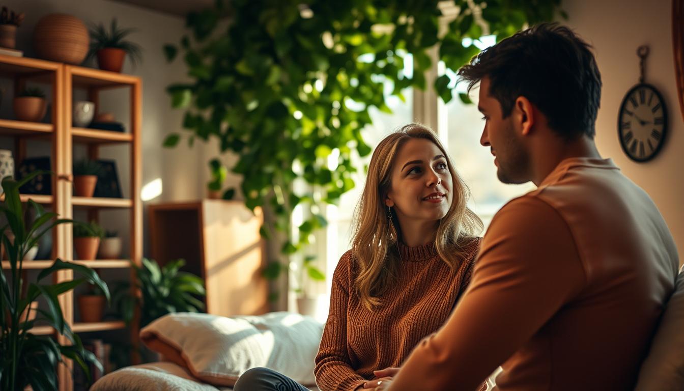 A cozy, intimate scene of two Virgos navigating a relationship, set against a backdrop of lush greenery and soft natural light. Foreground features a couple deeply engaged in thoughtful discussion, capturing the Virgo's penchant for open and analytical communication. Midground showcases symbolic Virgo elements like organized shelves, potted plants, and carefully crafted decor. Background evokes a sense of tranquility and introspection. Lighting is warm and diffused, creating a serene, contemplative atmosphere. Composition emphasizes balance and symmetry, reflecting Virgo's aesthetic sensibilities. Attraction CODEX