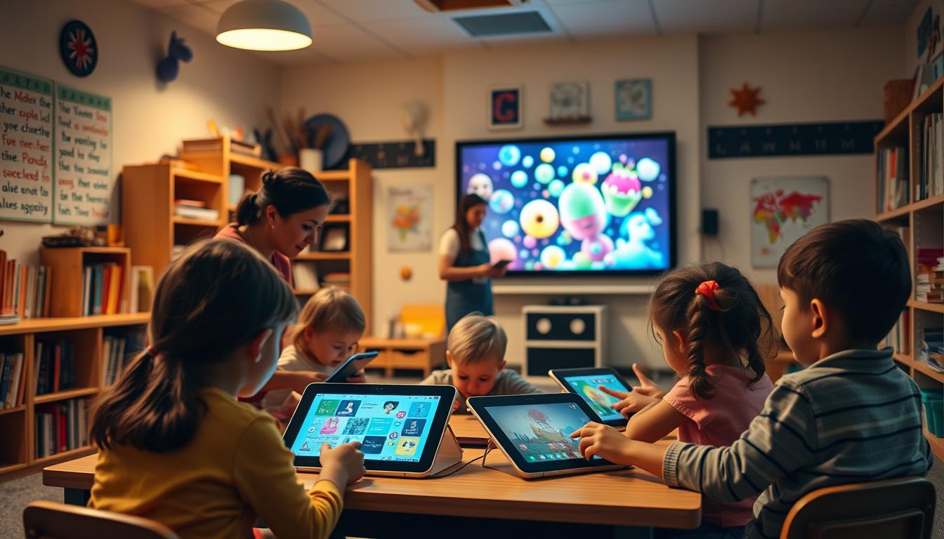 A cozy classroom scene, warm lighting illuminating the space. In the foreground, children engaged with interactive digital tablets, exploring educational apps. Nearby, a teacher guides students, seamlessly blending traditional learning methods with cutting-edge technology. In the middle ground, a large interactive whiteboard displays vibrant visuals, captivating young minds. The background showcases bookshelves, art supplies, and a sense of wonder, all coming together to create a harmonious "Technology in Whole-Child Education" environment. Attraction CODEX