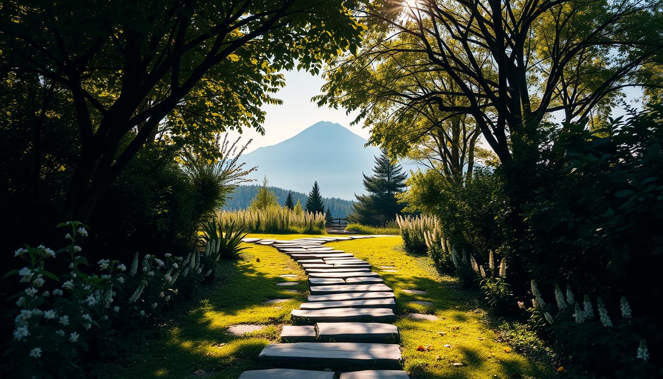 A tranquil garden path, with each step a small but significant milestone toward a larger personal transformation. In the foreground, a winding stone walkway leads the viewer inward, flanked by lush greenery and delicate blooms. Warm, natural light filters through the canopy overhead, casting a serene glow. In the distance, a majestic mountain range rises, symbolizing the grand changes that await. The scene evokes a sense of introspection and inner growth, inviting the viewer to embark on their own journey of self-discovery. Attraction CODEX