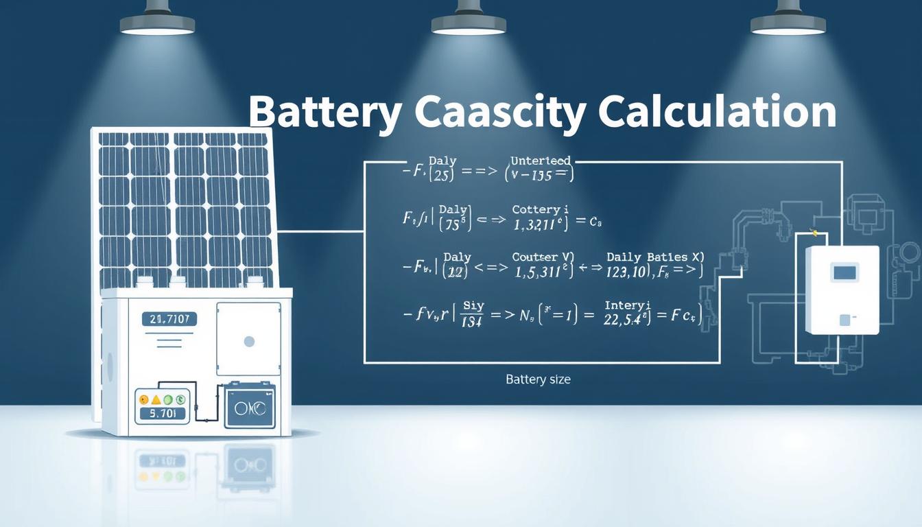A detailed solar battery capacity calculation diagram with a clean, technical aesthetic. In the foreground, a schematic representation of a solar panel system, including batteries, charge controller, and inverter. In the middle ground, a series of formulas and calculations demonstrating the step-by-step process of determining daily energy requirements, battery size, and overall system capacity. The background features a subtle grid pattern or technical illustration, conveying a sense of precision and engineering. The lighting is crisp and evenly distributed, with a cool, professional color palette of blues, grays, and whites. The overall composition is balanced and easy to understand, suitable for inclusion in a DIY solar energy guide.