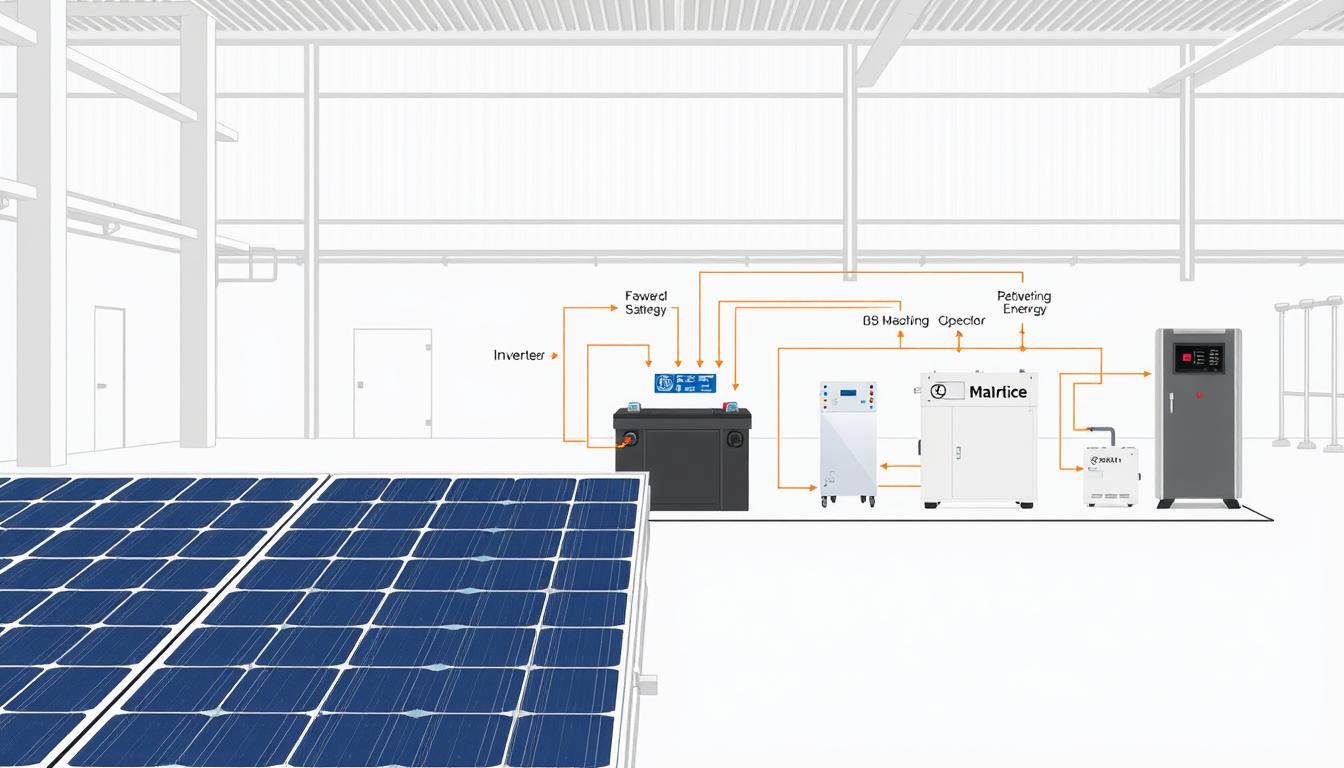 A detailed schematic illustration of a solar battery system design, showcasing the key components and their interconnections. The foreground prominently displays a solar panel array, neatly arranged and capturing the sun's energy. In the middle ground, a battery bank stands tall, its storage capacity visually represented. Surrounding the battery bank, various power conversion and distribution elements, such as inverters and charge controllers, are meticulously depicted. The background features a clean, minimalist industrial setting, with clean lines and a sense of technical precision. The overall composition conveys a harmonious balance between renewable energy generation and efficient energy storage, suitable for a comprehensive guide on solar battery sizing and capacity.