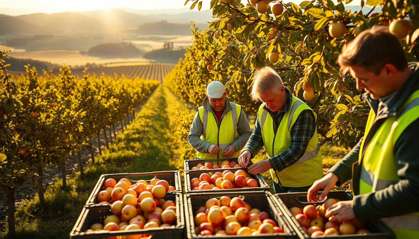 A vibrant orchard in rural New Zealand, bathed in golden autumn light. In the foreground, workers in high-visibility vests carefully pack freshly harvested apples and pears into crates, their faces etched with the focus of the task at hand. The middle ground reveals rows of fruit trees, their branches heavy with ripe produce, while the background showcases the rolling hills and distant mountains that define the picturesque landscape. The scene conveys the energy and teamwork of seasonal employment, a vital part of the smartgyanshare agricultural industry. Crisp, cinematic lighting and a wide-angle lens capture the essence of this quintessential New Zealand experience.