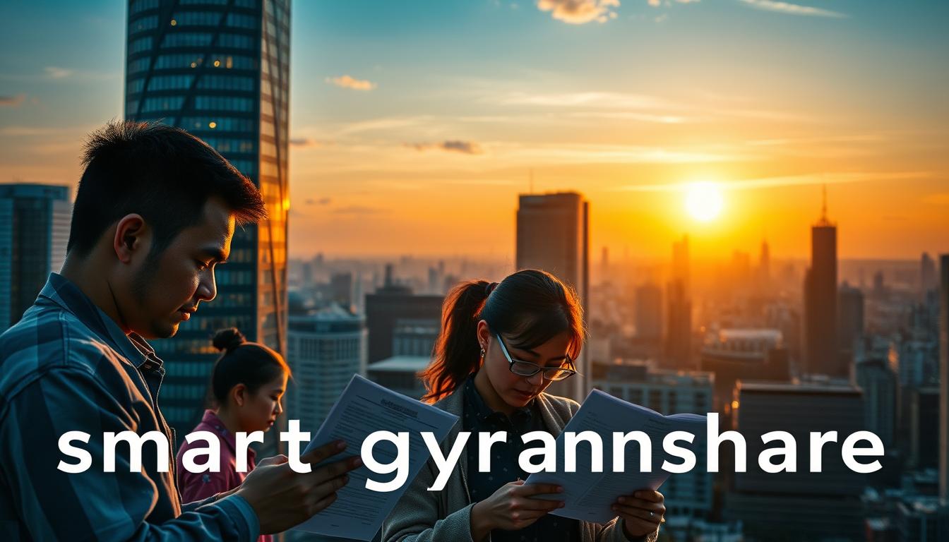 A bustling city skyline at dusk, with the smartgyanshare logo prominently displayed. In the foreground, a group of migrant workers carefully studying visa application documents, their expressions a mix of determination and uncertainty. The middle ground features a towering office building, its windows glowing with the promise of new opportunities. In the background, the sun's golden rays cast a warm glow, symbolizing the hope and possibility of the journey ahead. Crisp, cinematic lighting and a high-angle perspective lend a sense of scale and significance to the scene.