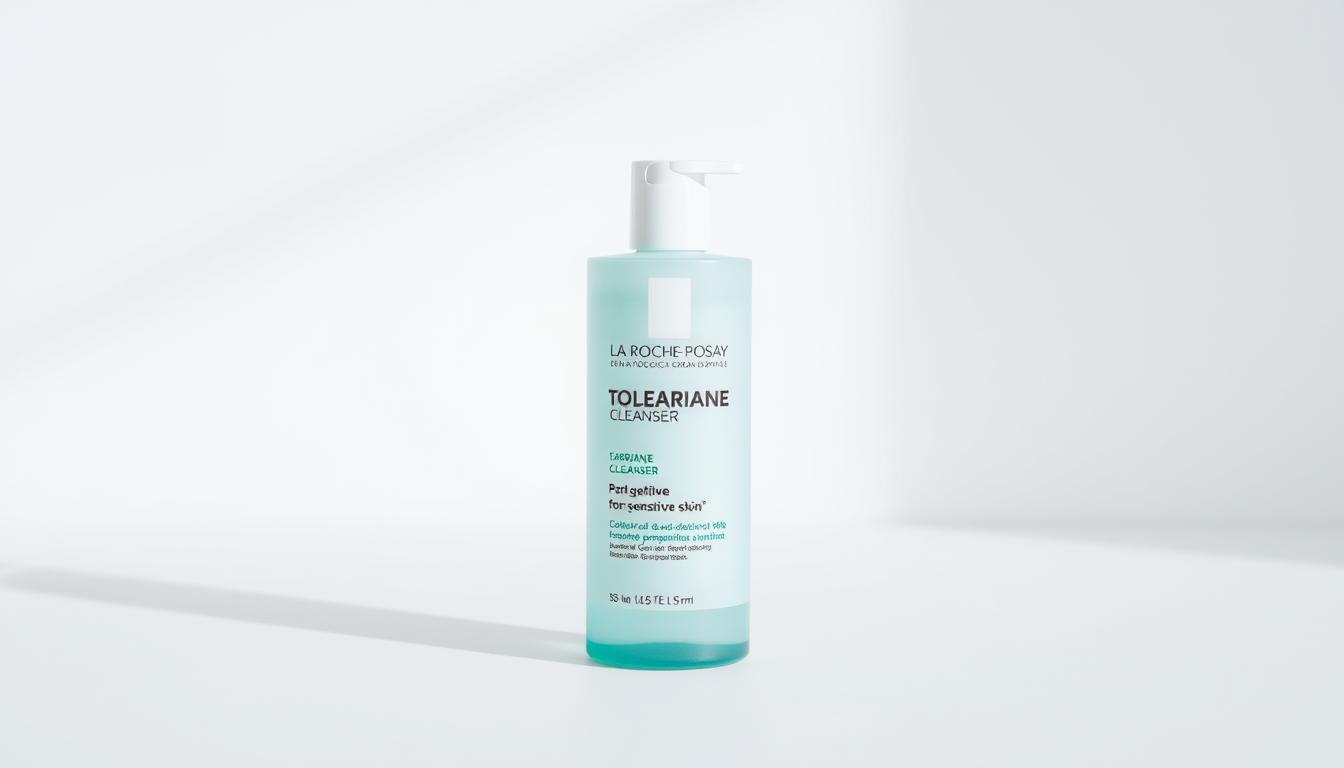 A minimalist product shot of a La Roche-Posay Toleriane Cleanser bottle, positioned on a clean white background with soft, diffused lighting. The bottle is centered, showcasing its simple, elegant design with the brand's iconic green and white color scheme. The product's name is clearly visible, along with the "for sensitive skin" label. The overall composition highlights the cleanser's purity and dermatological heritage, conveying a sense of trust and efficacy. A high-quality, professional-grade photograph captured with a prime lens, emphasizing the cleanser's refined, clinical aesthetics.