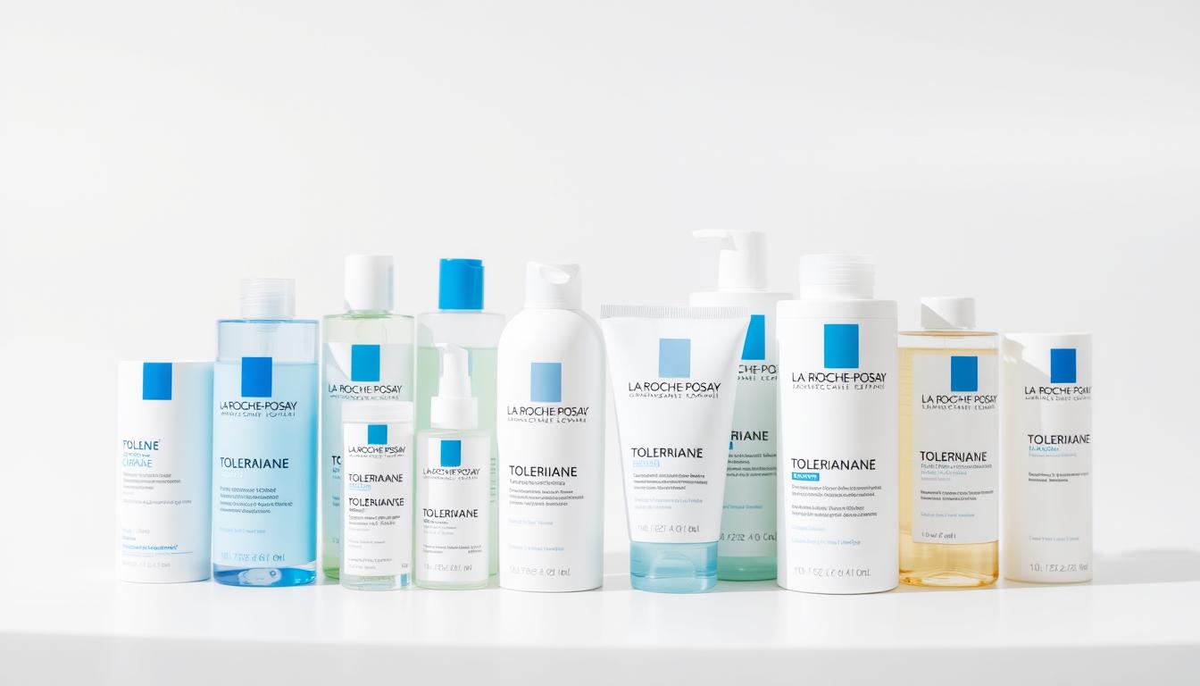A neatly arranged display of various La Roche-Posay cleansers, including the Toleriane range, set against a clean, minimalist background. The bottles are captured in soft lighting, highlighting their sleek and elegant design. The middle ground features a variety of sizes and formulations, while the foreground showcases the key products in the collection. The overall composition conveys a sense of simplicity, purity, and high-quality skincare. The image should emphasize the diverse and comprehensive nature of the La Roche-Posay cleanser range, complementing the section title "The La Roche-Posay Cleanser Range: An Overview".