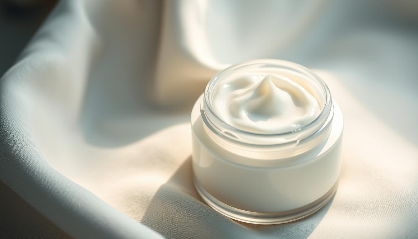 A close-up, high-resolution shot of a smooth, creamy white skin cream in an open jar, resting on a soft, luxury fabric background. The cream has a delicate, almost iridescent sheen, hinting at its soothing, nourishing properties. Subtle shadows and highlights accentuate the texture and consistency of the product. The lighting is soft and diffused, creating a calming, therapeutic atmosphere. The composition emphasizes the cream's ability to provide relief and comfort for sensitive, inflamed skin conditions.