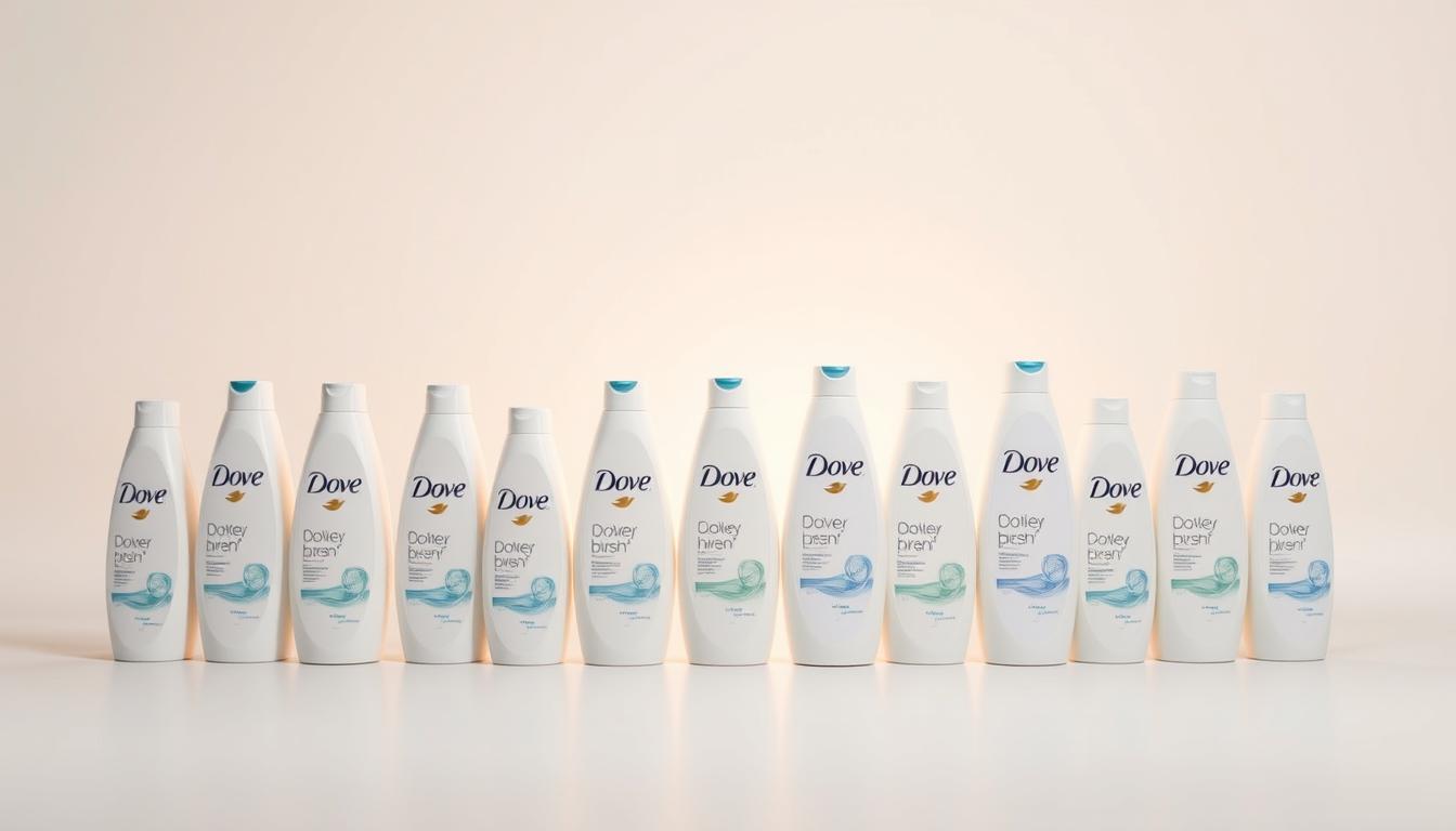 Centered in the frame, a striking display of Dove body wash products in a clean, linear arrangement, showcasing their evolution over time. The bottles, in a refined palette of soft whites and subtle blues, are illuminated by a warm, directional light, casting gentle shadows that accentuate their smooth, organic shapes. The background is a minimalist, monochromatic setting, allowing the products to take center stage and emphasize their transformation as a skincare brand. The overall composition conveys a sense of elegance, simplicity, and the brand's commitment to hydration and sustainability.