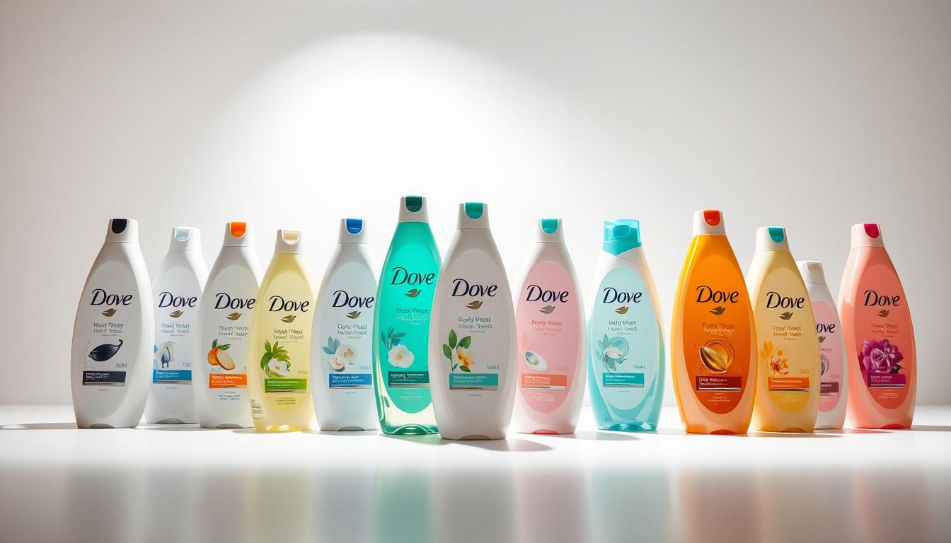 A pristine, well-lit studio display showcasing the diverse Dove Body Wash product range. In the foreground, an array of colorful bottles, each capturing the essence of its unique formula - moisturizing, nourishing, and gentle on the skin. The middle ground features a clean, minimalist layout, emphasizing the sleek, modern design of the Dove brand. In the background, a soft, diffused lighting creates a sense of warmth and serenity, complementing the overall aesthetic. The composition conveys a harmonious balance of hydration and sustainability, reflecting the core values of the Dove brand.