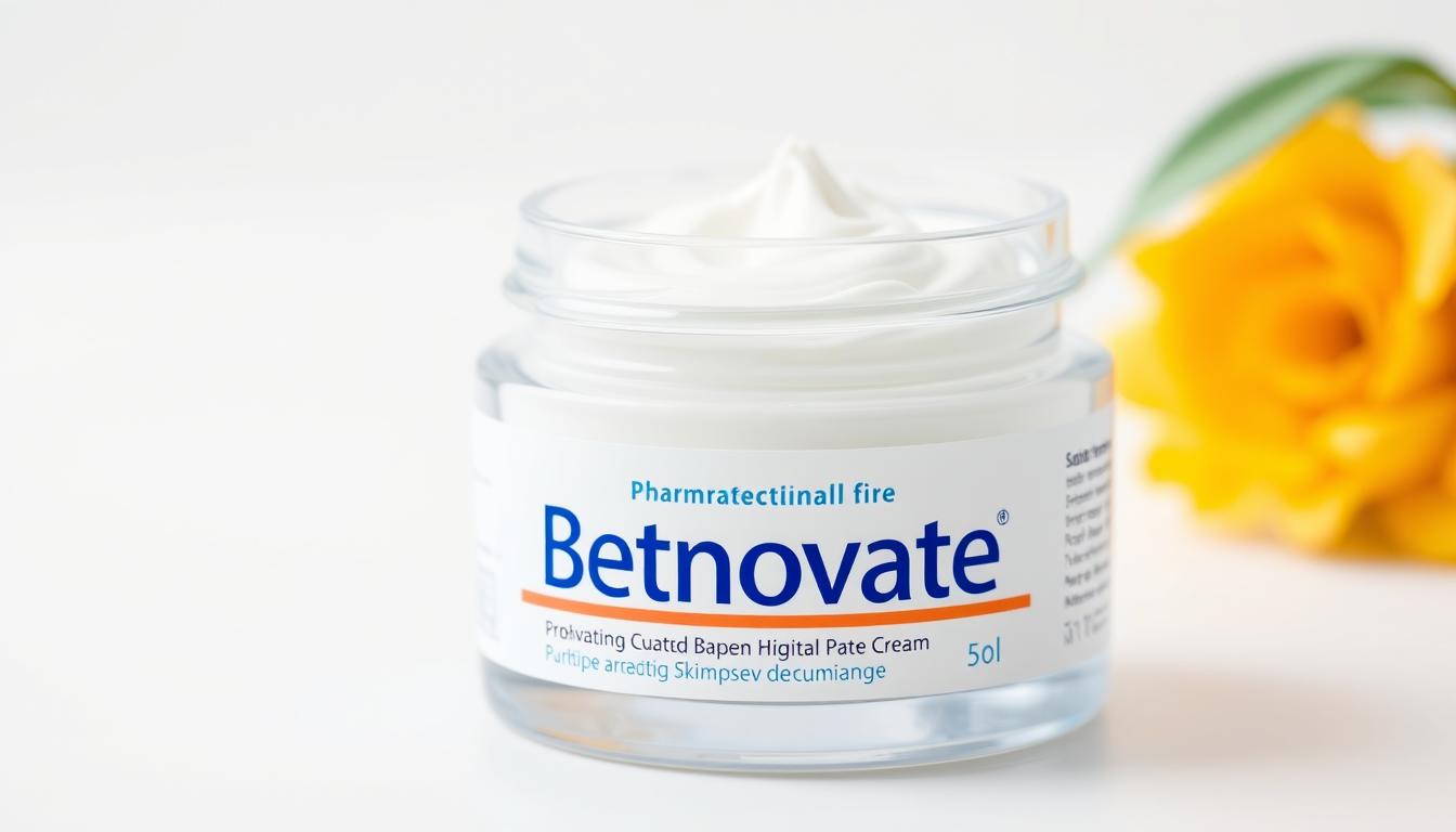 Detailed close-up of a glass jar containing Betnovate cream, with a soft lighting and shallow depth of field. The jar is positioned on a clean, minimal white background, highlighting the product's package design. The composition showcases the cream's smooth, creamy texture and the Betnovate brand logo, conveying a sense of high-quality, pharmaceutical-grade skincare. The image should provide a clear and informative visual representation of the product's composition and appearance.