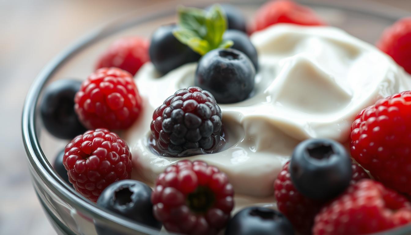 A beautifully lit close-up shot of a glass bowl filled with fresh Greek yogurt, topped with an assortment of plump, juicy berries. The yogurt has a rich, creamy texture, and the berries are vibrant in color, creating a visually appealing and appetizing display. The image is shot from a slightly elevated angle, showcasing the textures and colors in a natural, inviting way. The background is softly blurred, allowing the snack to be the focal point. The overall mood is fresh, healthy, and enticing, perfectly capturing the essence of &quot;Healthy Snacking: Smart Choices for Busy Days&quot; and the section &quot;Healthy snacks you can grab fast, build in minutes, or prep ahead&quot;. Branding: bexypro.com.