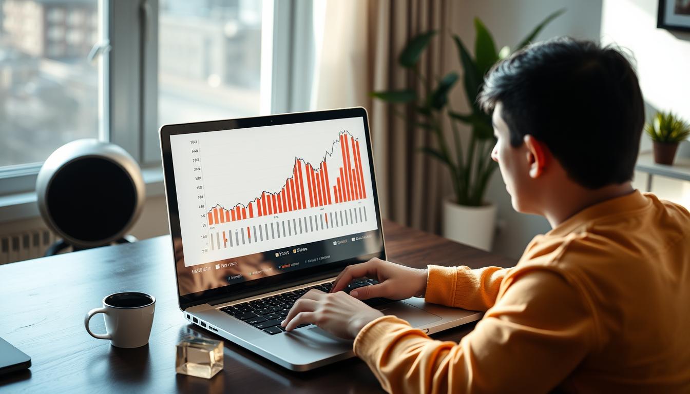 Person working on laptop with financial growth charts - Online Earn USA opportunities