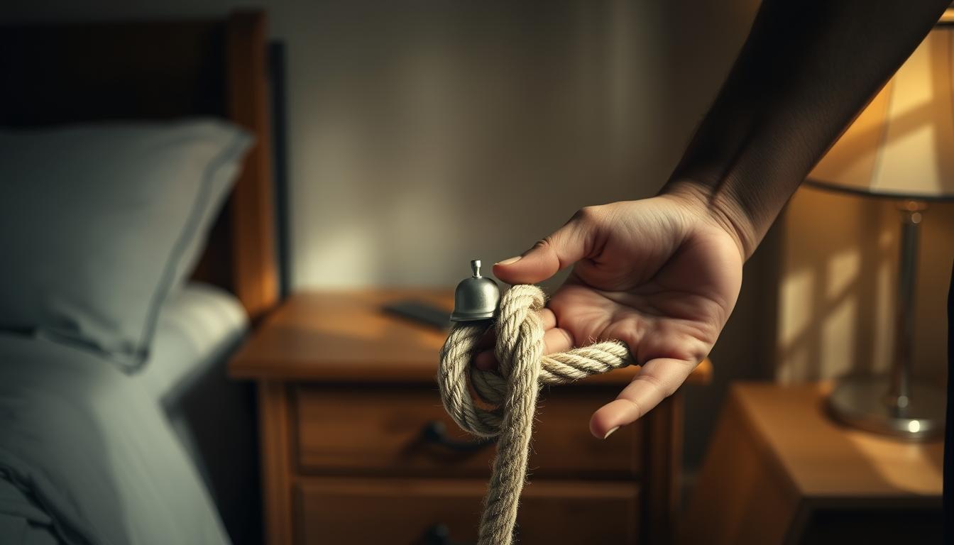 An intimate, dimly lit bedroom scene. In the foreground, a pair of intertwined hands hold a piece of soft, plush rope, symbolizing the trust and communication essential in light BDSM. The middle ground features a wooden bedside table, upon which rests a small, unassuming bell - the "safe word" signaling the need to pause or stop. The background is hazy, casting a warm, sensual glow, conveying the atmosphere of exploration and vulnerability. Natural, flattering lighting illuminates the scene, captured through a shallow depth of field to focus the viewer's attention on the central elements. The overall mood is one of intimacy, trust, and the gentle unlocking of new dimensions of pleasure.