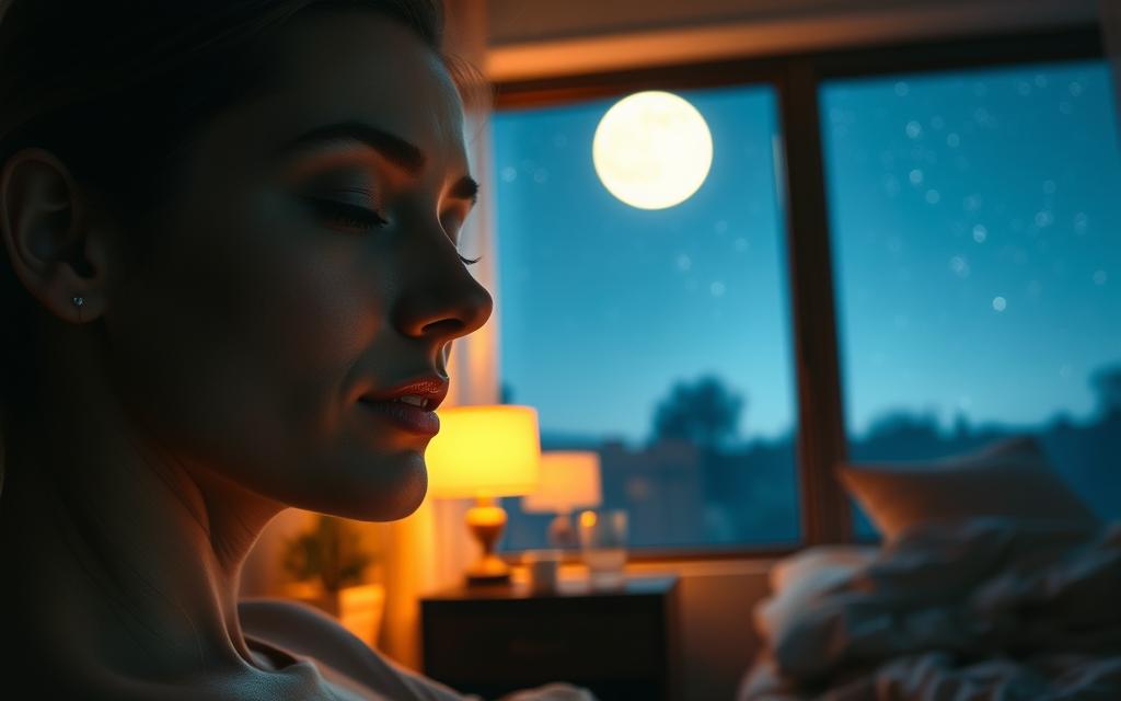 A serene, dimly lit bedroom scene. In the foreground, a close-up of a serene, glowing female face, eyes closed, skin appearing renewed and radiant. The middle ground features a nightstand with a glass of water and a small plant. The background showcases a large window, with a starry night sky visible outside, casting a soft, moonlit glow into the room. The lighting is warm and diffused, creating a tranquil, rejuvenating atmosphere. High-resolution, photorealistic, cinematic, 8K.
